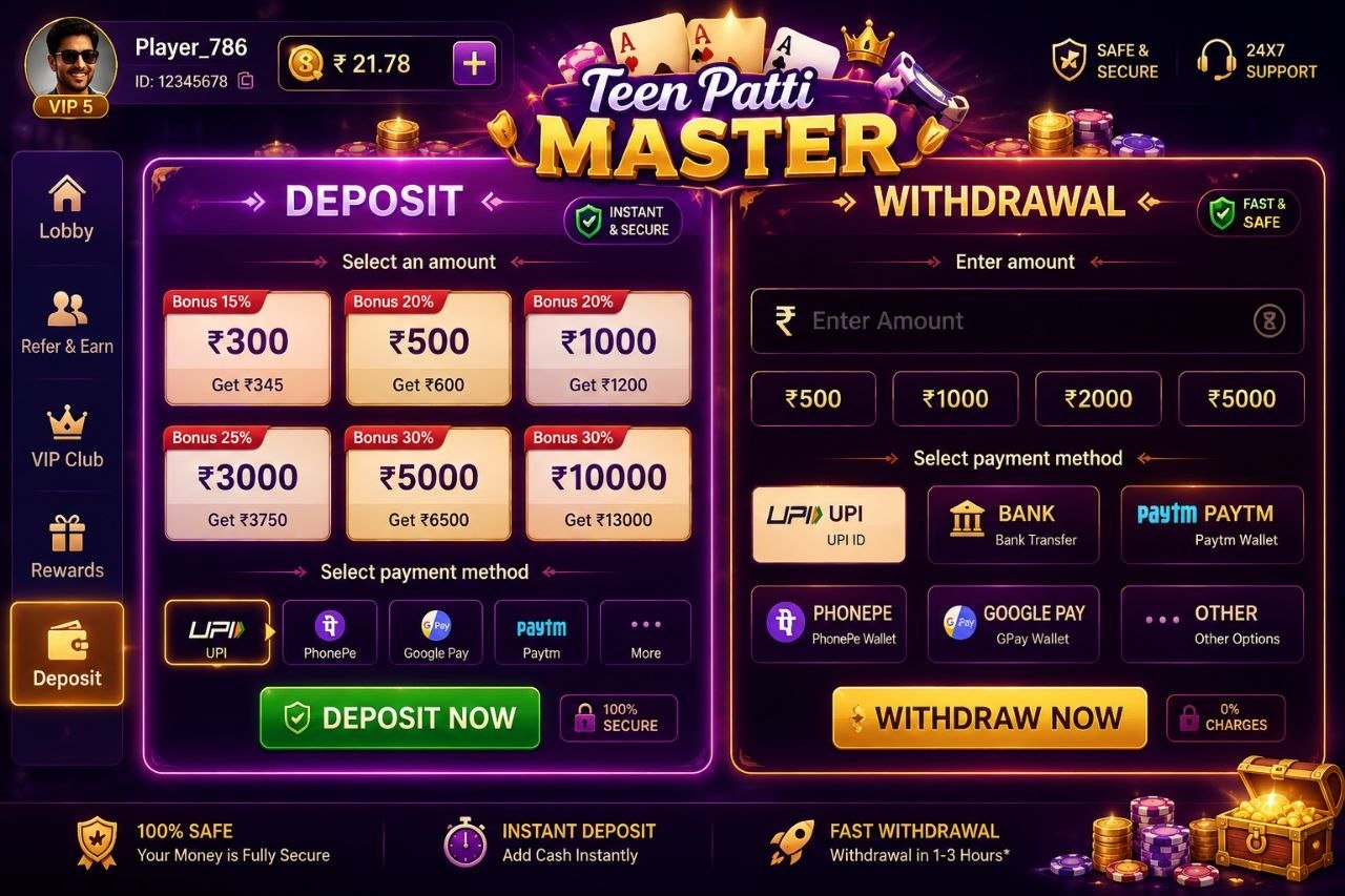 TeenPatti Master app deposit and withdrawal interface with UPI, Paytm, PhonePe, and fast payment options