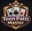 TeenPatti Master logo with playing cards, crown design, and purple gaming shield background