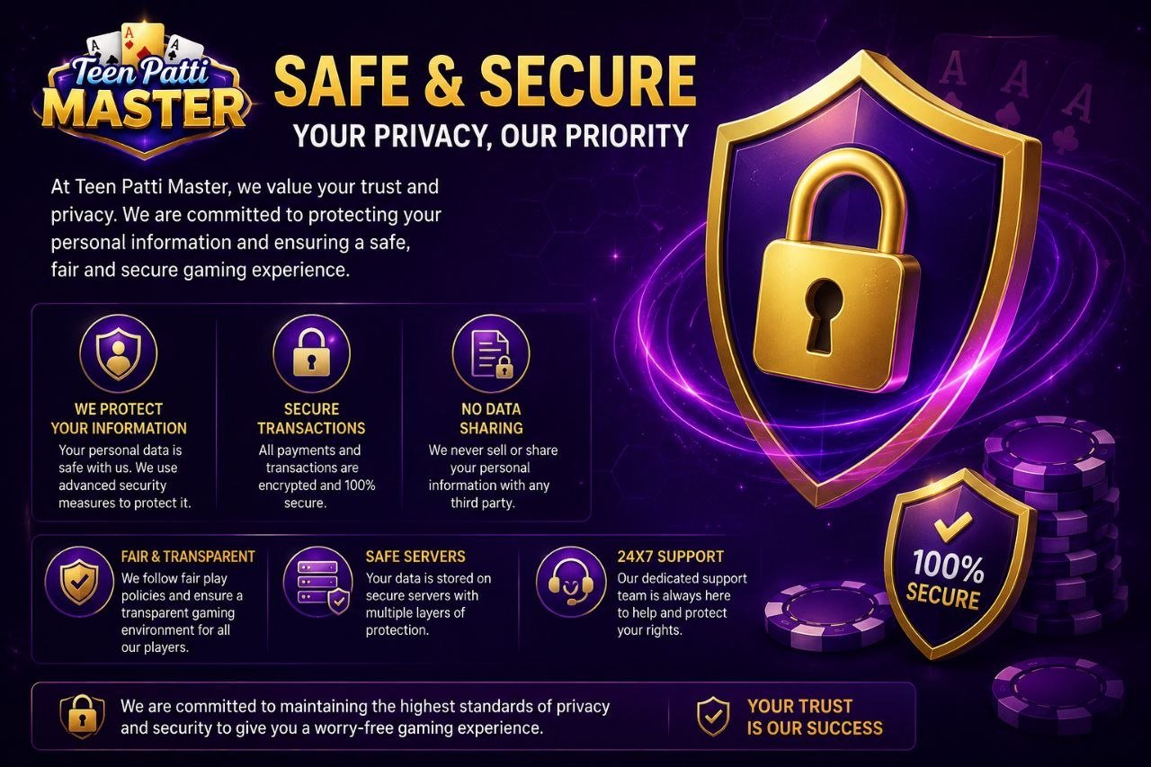 TeenPatti Master game safe and secure privacy banner with encrypted transactions, secure servers, and TeenPatti Master game APK download information