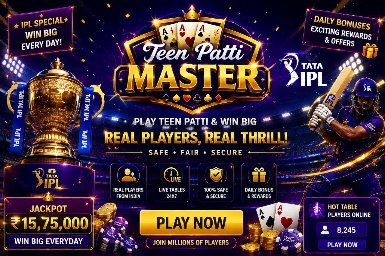 TeenPatti Master IPL special event banner with cricket player, jackpot rewards, daily bonuses, and Teen Patti gameplay