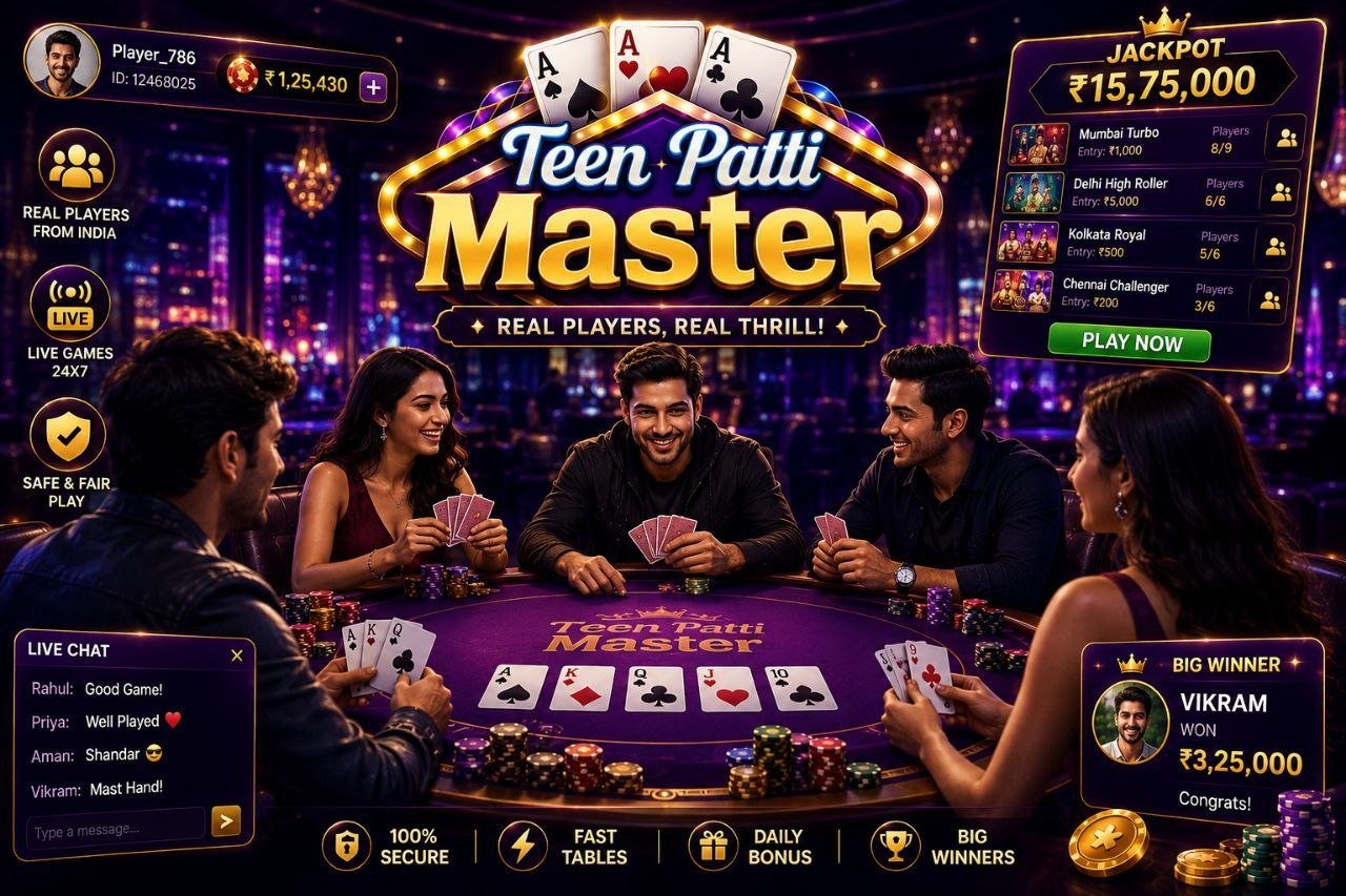 TeenPatti Master game APK download screen showing real players, live tables, jackpots, and online card gameplay
